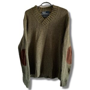 VTG Polo Ralph Lauren Hemp Elbow Patch V Neck Sweater Olive Green Large